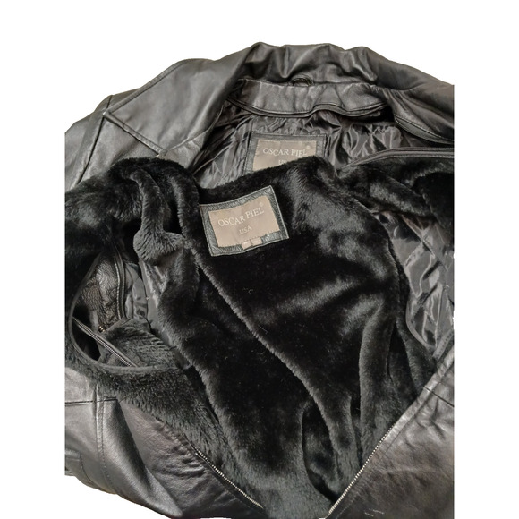 Oscar Piel Leather Jacket w Removable Liner Faux Fur Sz M Black Classic Preppy - Picture 6 of 16